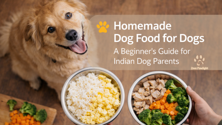 Golden retriever with bowls of homemade dog food including rice, chicken, vegetables and eggs