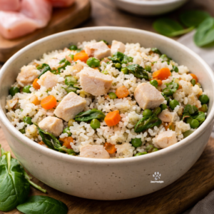 Homemade chicken and rice bowl prepared for dogs, served plain and gently cooked