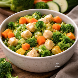 Chicken and vegetable medley made with fresh vegetables, cooked as a balanced dog meal
